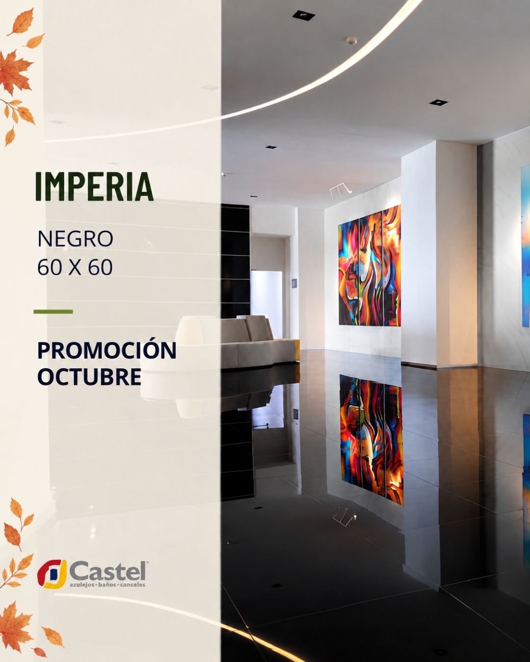 Imperia Negro 60x60 de Castel, piso porcelánico brillante en sala moderna. Promoción de octubre.