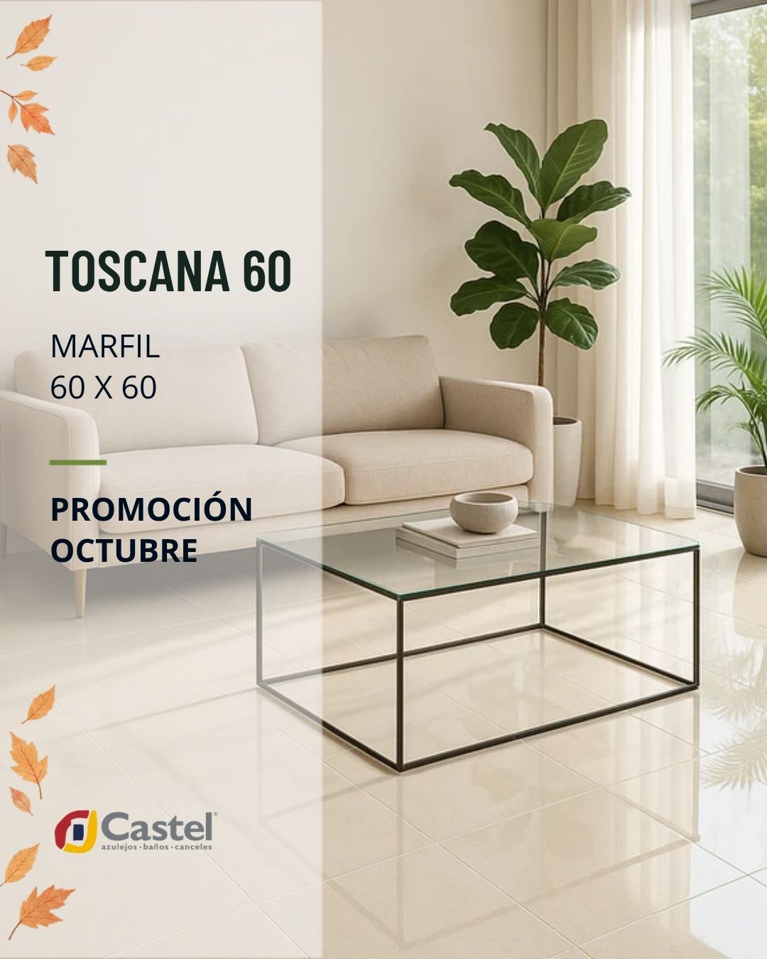 Toscana 60 Marfil 60x60 de Castel, piso color marfil en sala iluminada. Promoción de octubre.