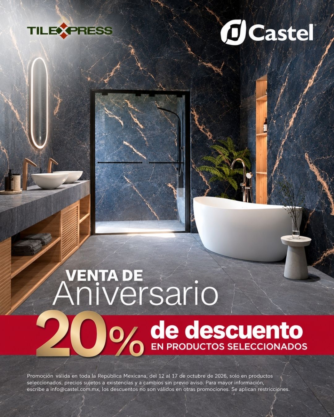 Venta de aniversario Castel en TileXpress con 20% de descuento en productos seleccionados, en formato vertical con baño de mármol azul oscuro.